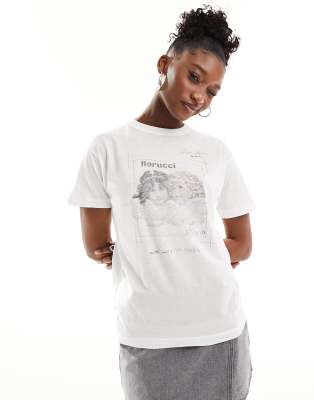 Fiorucci washed distressed fitted t-shirt with angel postcard print in white