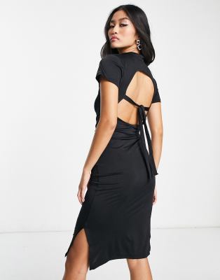 Fire & Glory bodycon midi dress with open tie back in black