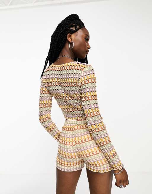 Fire Glory Crop top d ensemble manches longues et imprim style crochet Multicolore