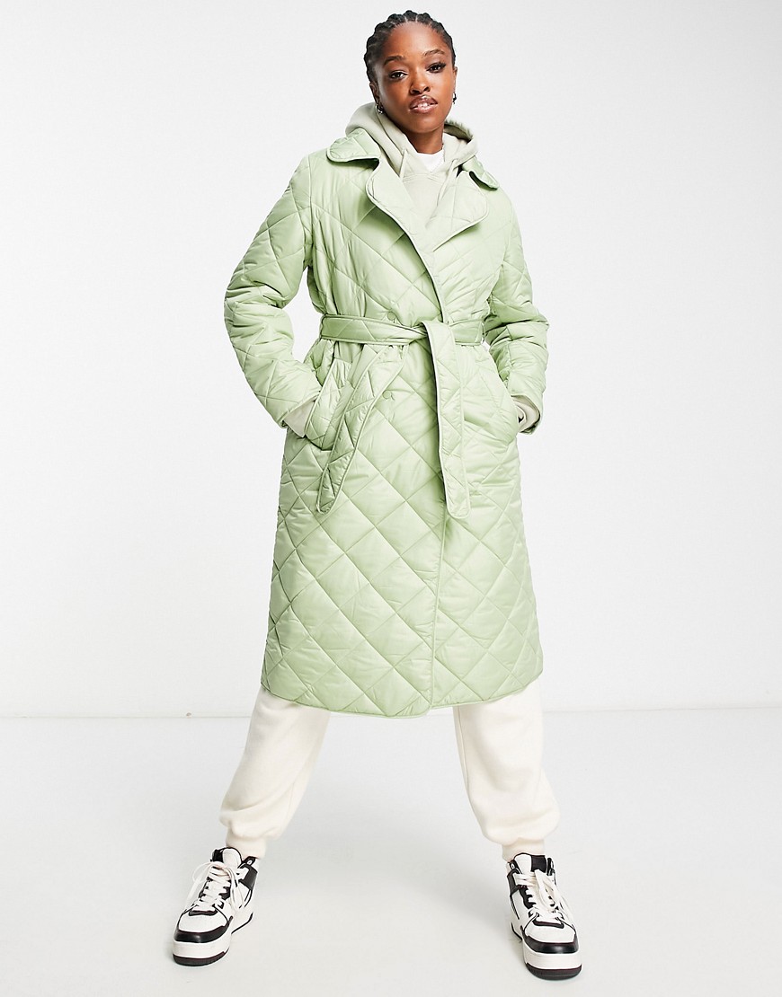Fire & Glory Quilted Maxi Coat In Green