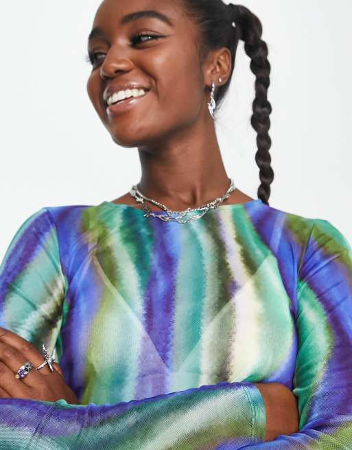 Fire & Glory - Top van mesh met wervelprint in blauw en groen