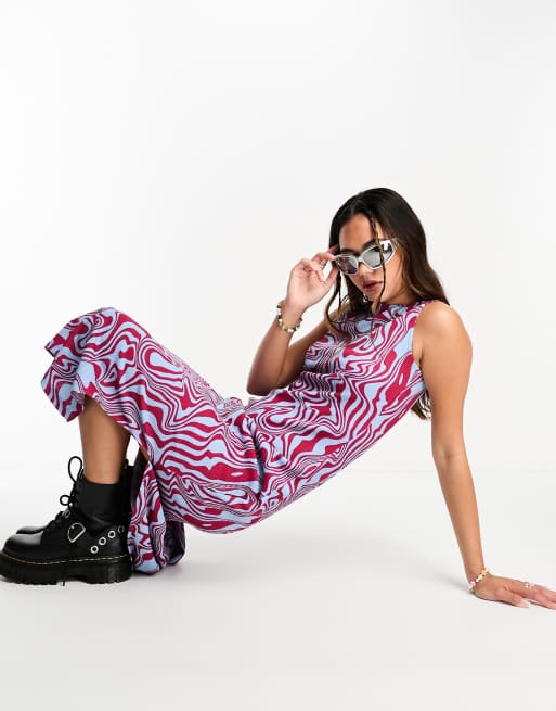 Fire & Glory - Vestito midi senza maniche con stampa astratta rossa e blu a contrasto anni '90