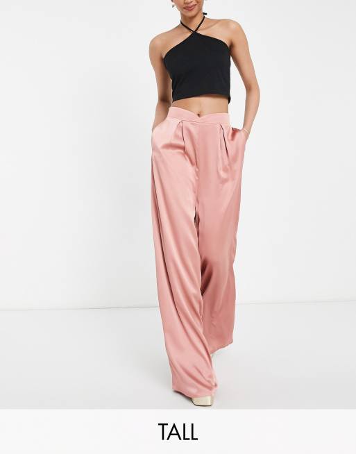 Pantalon large taille haute rose femme