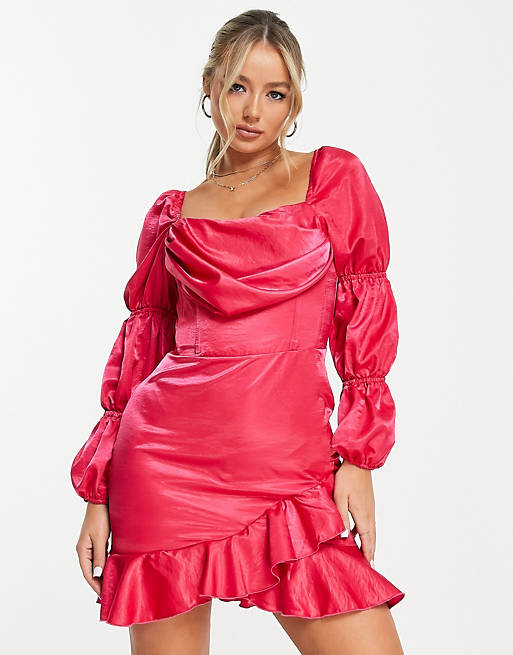 First Distraction the label bardot satin volume sleeve mini dress with frill detail in fuchsia
