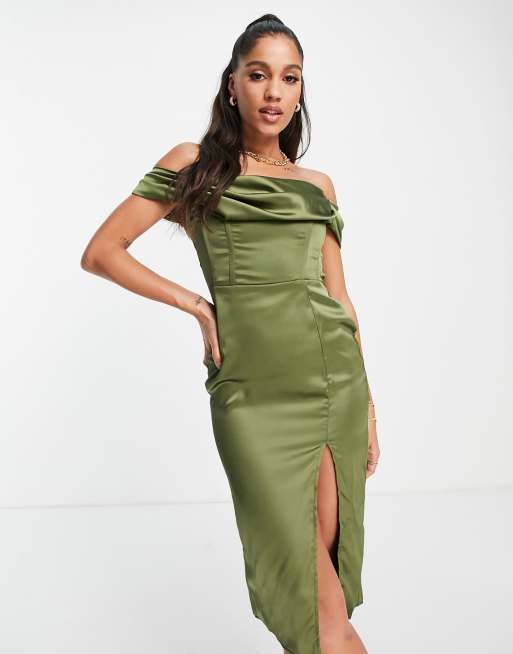 First Distraction The Label corset satin midi dress with split in olive