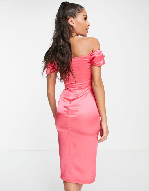First Distraction The Label corset satin midi dress with split in pink, 2 of 4