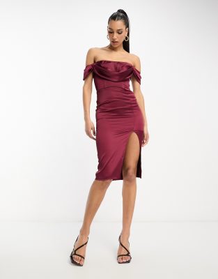 First Distraction The Label Corset Satin Midi Dress With Split In Wine-red