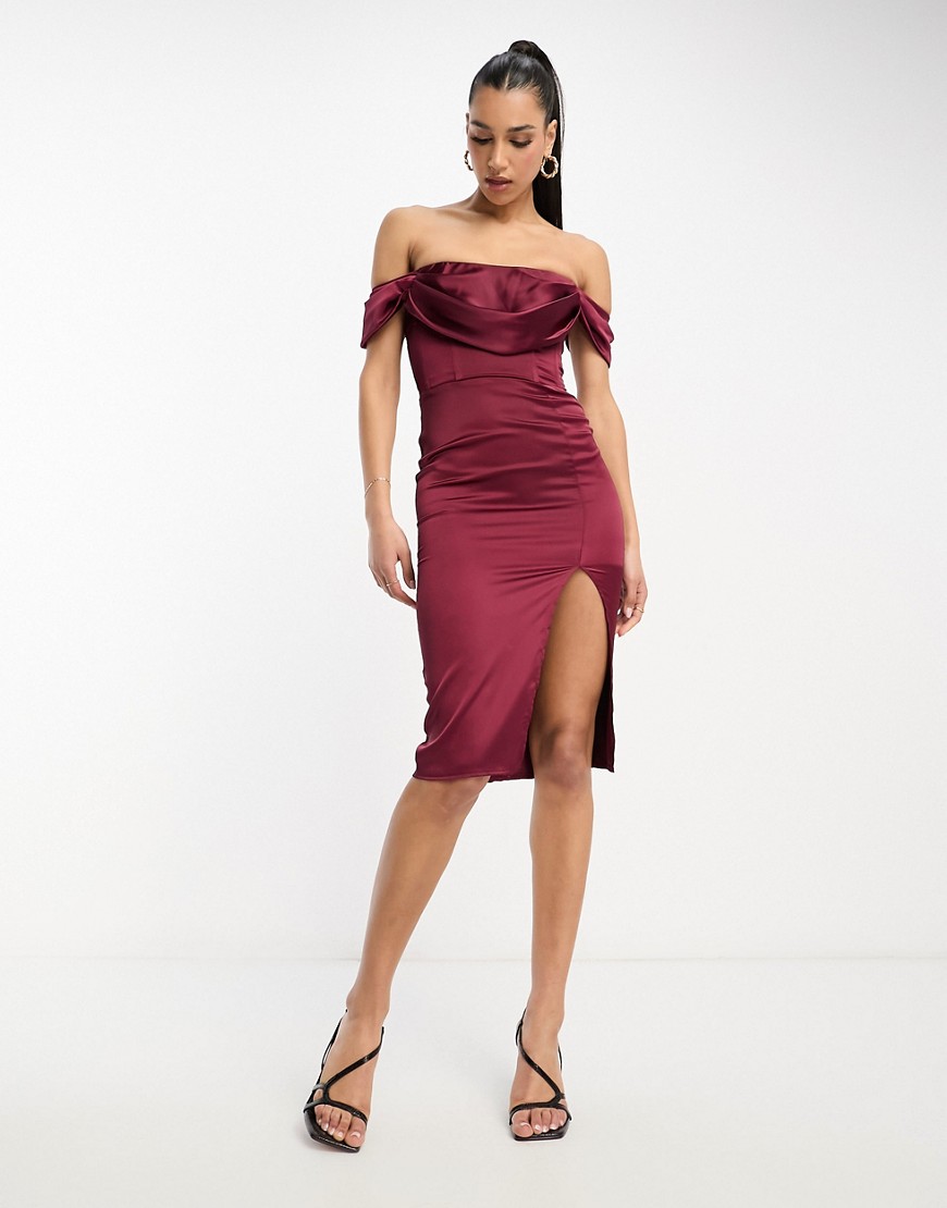 The Label corset satin midi dress with split in wine-Red