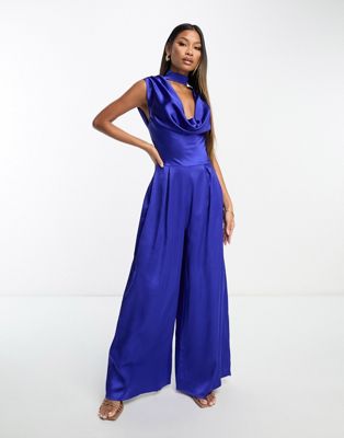 First Distraction the label cowl neck jumpsuit in cobalt