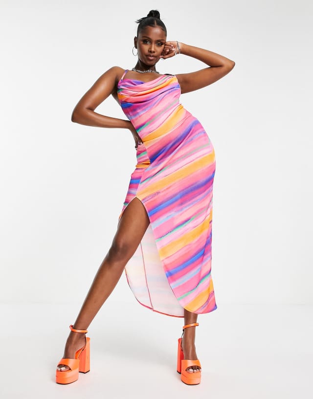 First Distraction The Label cowl neck satin midi dress in multi print