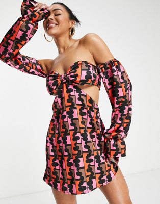 First Distraction The Label cut out satin mini dress in retro print