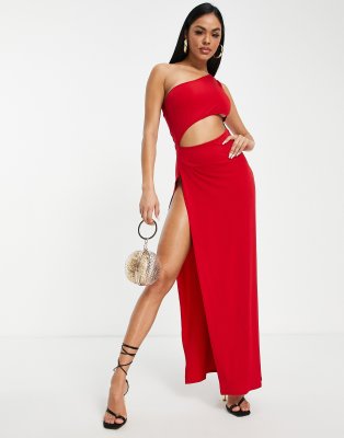 First Distraction – The Label – Czerwona sukienka maxi na jedno ramię z ...