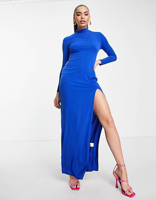 First Distraction The Label high slit maxi dress in cobalt