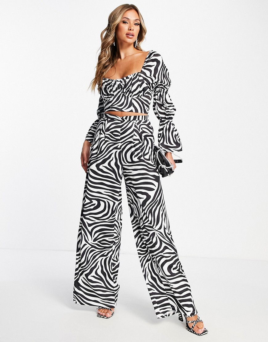 The Label high waisted satin wide leg pants in zebra print - part of a set-Multi
