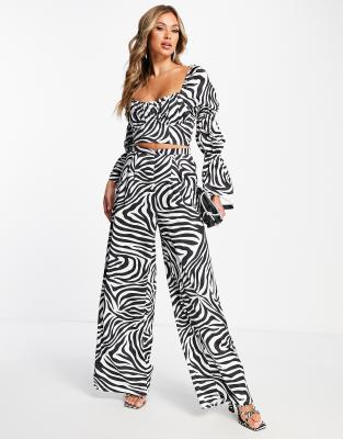 First Distraction First Distraction The Label high waisted satin wide leg trouser co-ord in zebra print-Multi