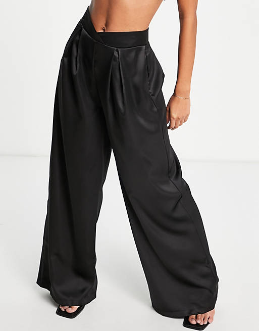 First Distraction the label high waisted satin wide leg trousers in black 