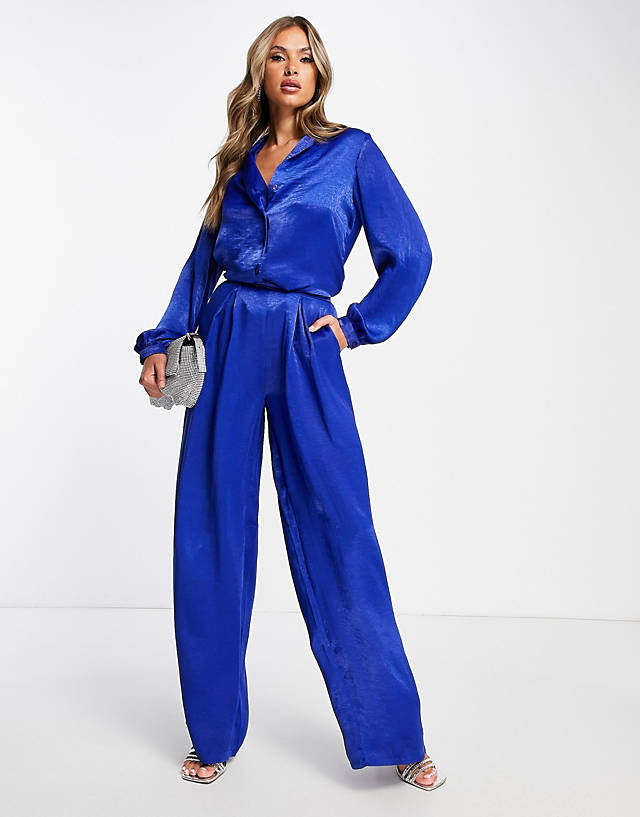 First Distraction - the label high waisted satin wide leg trousers in cobalt