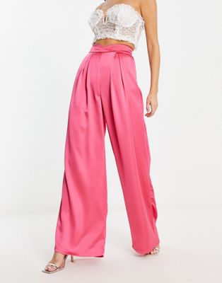 First Distraction The Label high waisted satin wide leg trousers in hot pink