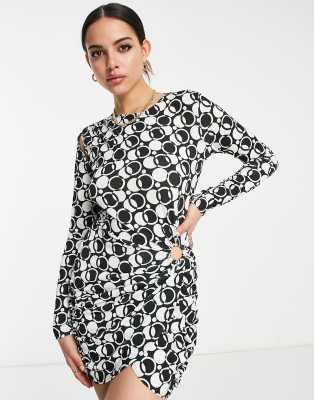 First Distraction First Distraction The Label long sleeve mini dress in mono print-Multi