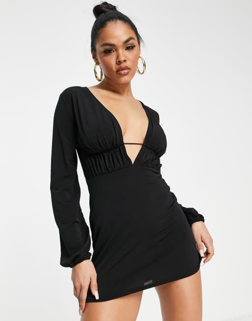 First Distraction The Label long sleeve V neck mini dress in black