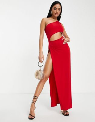 First Distraction The Label one shoulder cut out maxi dress in red