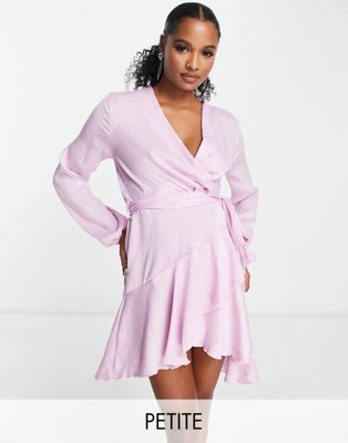 First Distraction the label Petite satin mini wrap dress in lilac - ASOS Price Checker