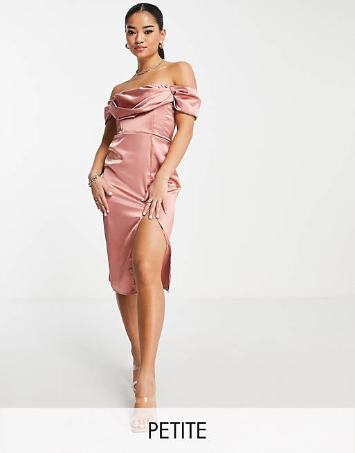 First Distraction the label Petite satin midi dress with split in pink
