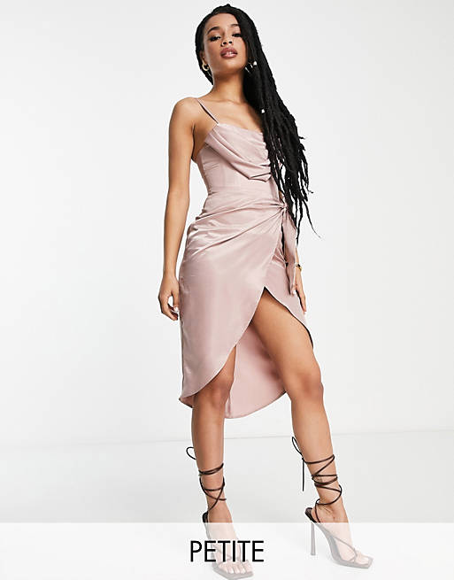  First Distraction The Label Petite satin midi dress with wrap skirt in blush 