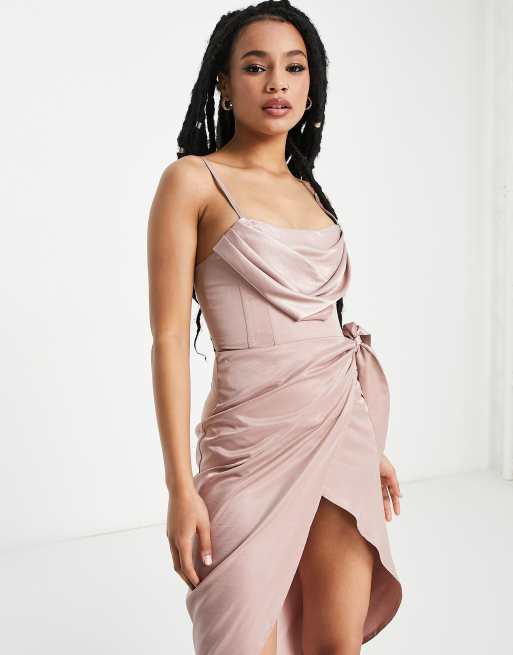  First Distraction The Label Petite satin midi dress with wrap skirt in blush , 3 of 4