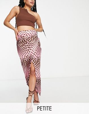   First Distraction the label Petite satin midi skirt with split in pink and brown geo print