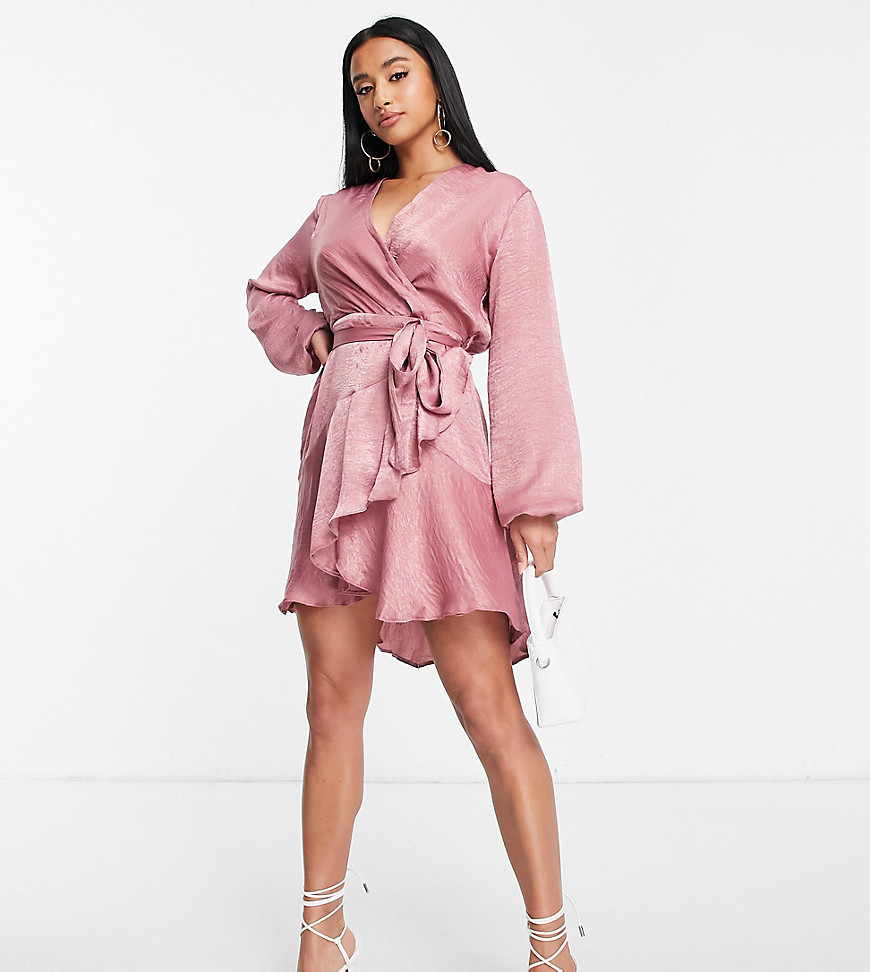 First Distraction the label Petite satin mini wrap dress in dusky pink