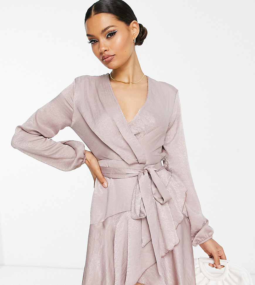 First Distraction the label Petite satin mini wrap dress in dusky pink