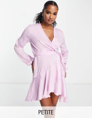 First Distraction The Label Petite satin mini wrap dress in lilac-Purple