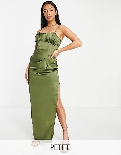  First Distraction The Label Petite satin ruched midi dress with thigh split in olive 