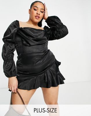 First Distraction the label Plus bardot satin mini dress with volume sleeve and frill detail in black