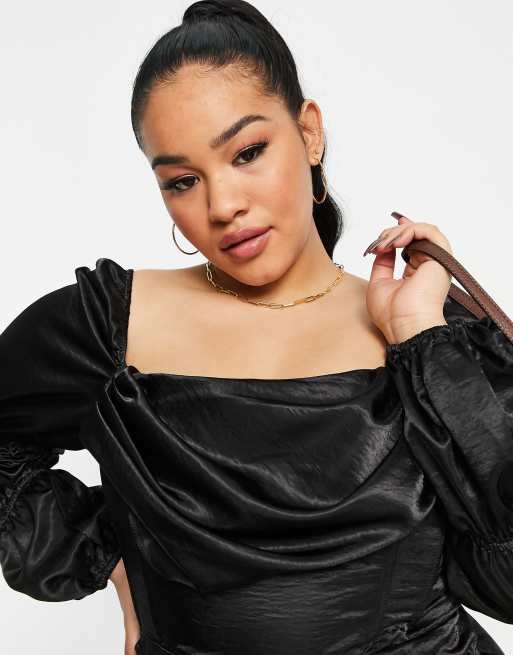  First Distraction The Label Plus bardot satin mini dress with volume sleeve and frill detail in black , 3 of 4