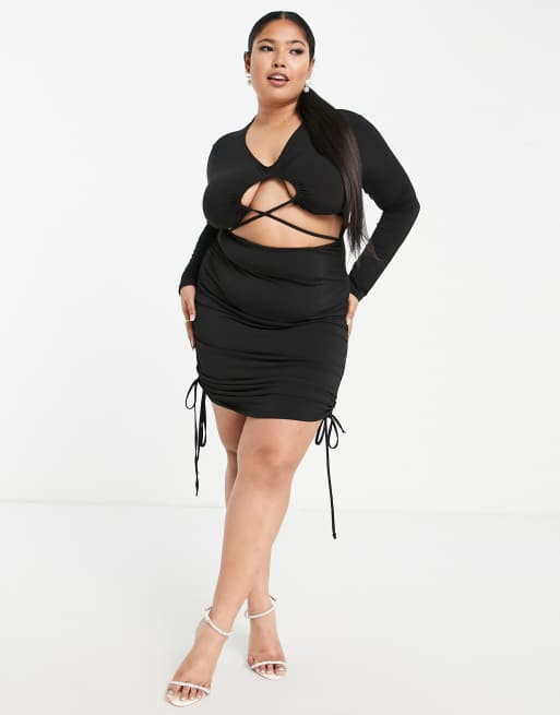 First Distraction the label Plus ruched mini dress with tie sides in black , 4 of 4