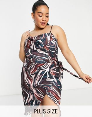 First Distraction the label Plus satin midi dress with wrap skirt in navy marble print