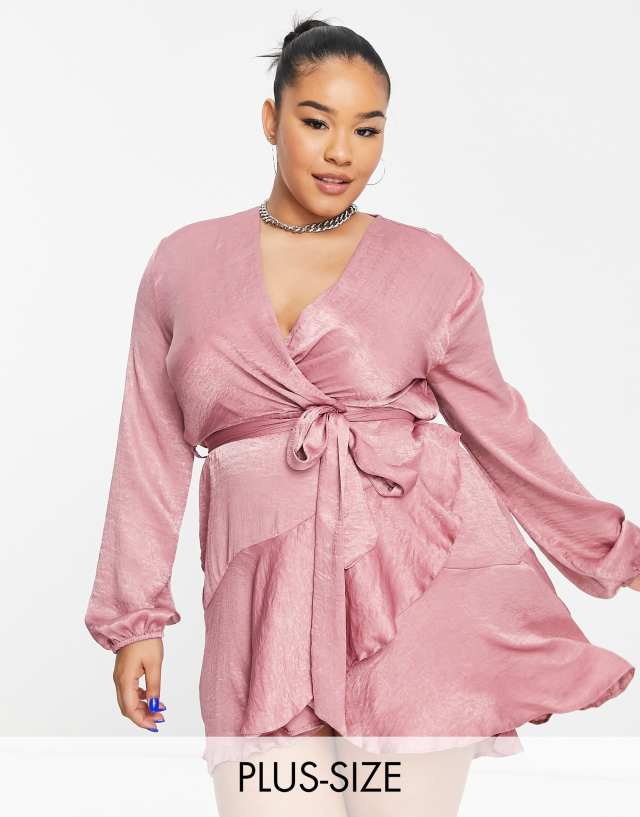 First Distraction the label Plus satin mini wrap dress in dusky pink