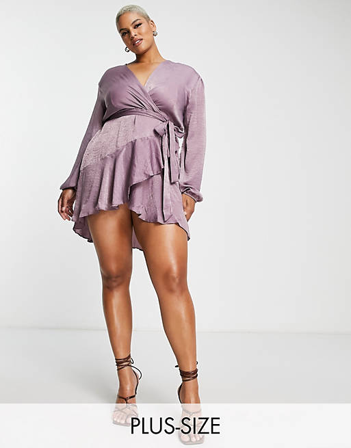 First Distraction the label Plus satin mini wrap dress in light purple
