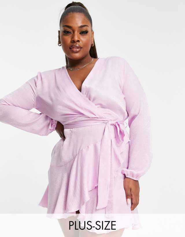 First Distraction the label Plus satin mini wrap dress in lilac