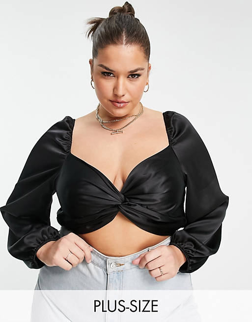 First Distraction the label Plus twist front satin top in black  