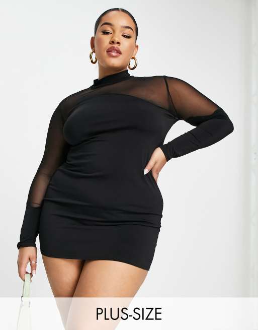 First Distraction The Label Plus - Vestito corto nero in rete a maniche lunghe