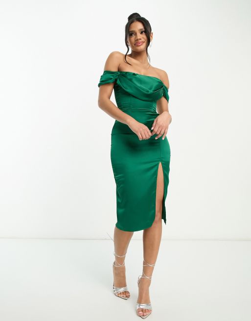 First Distraction The Label - Robe corset mi-longue fendue en tissu satiné - Vert émeraude, 4 de 4