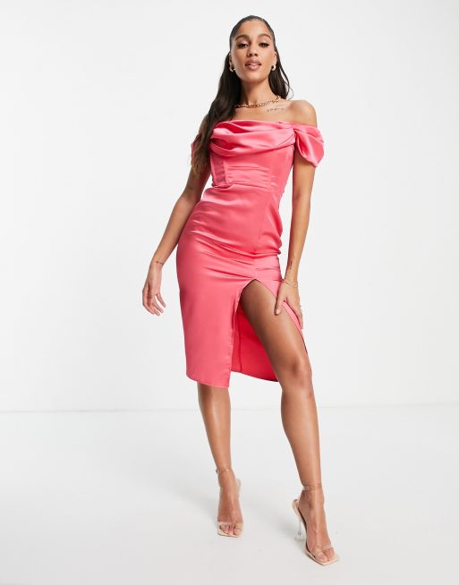 First Distraction – The Label – Rosa midiklänning i satin med slits och korsettdetalj, 4 av 4