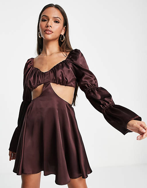 First Distraction the label ruched satin mini skater dress with volume sleeve in chocolate brown