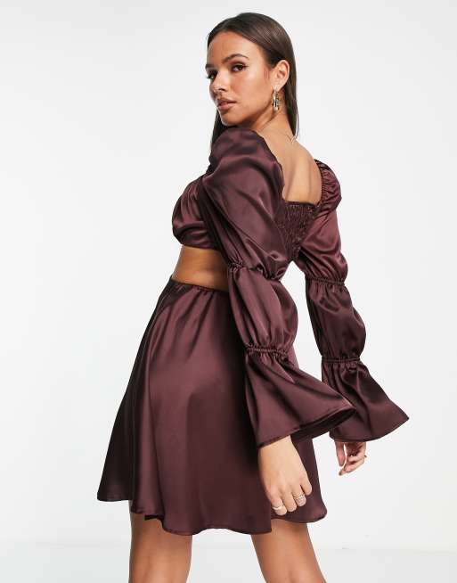 First Distraction the label ruched satin mini skater dress with volume sleeve in chocolate brown, 4 of 4