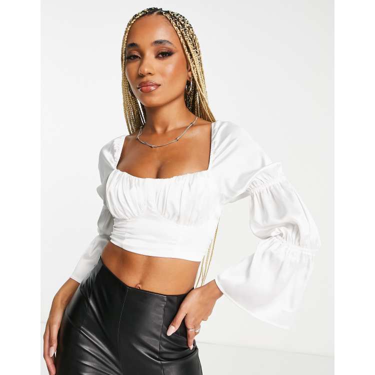 Floral Print Ruched Bust Puff Sleeve Crop Top