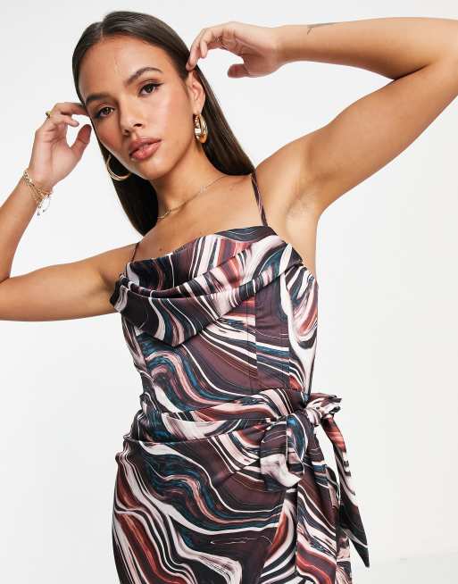 First Distraction the label satin midi dress with wrap skirt in navy ...