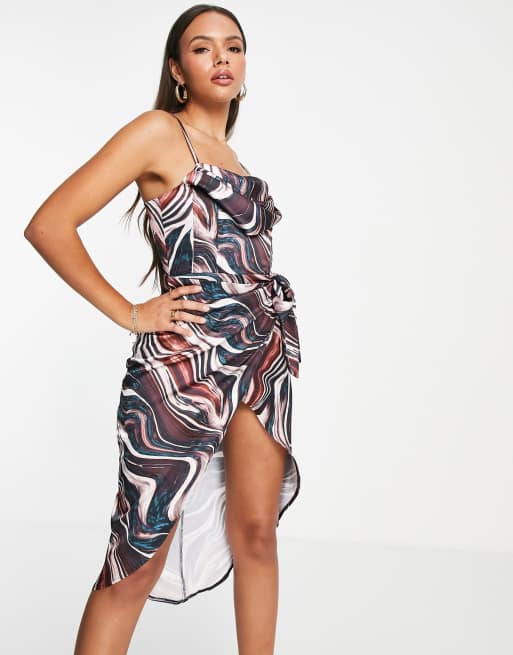 First Distraction the label satin midi dress with wrap skirt in navy ...